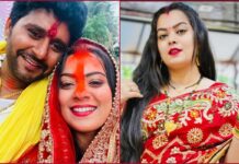 Bhojpuri Actress Nidhi Jha Teej Look: In red heavy saree and matching lahathi the actress looked perfect ‘Bihari Bahu’